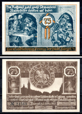 Бюргель (Тюрингия) 75 пфеннигов 1921 Mehl Grabowski 201.1a-5/6 бумага UNC (пресс) 7555-43-2-2