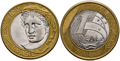 Бразилия 1 реал 2008 KM 652a биметалл 4143-452
