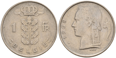 Бельгия 1 франк 1958 Belgie, Бодуэн I (1951-1993) KM 143.1 медно-никель    4187-132