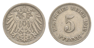 Германия 5 пфеннигов 1912 A, Вильгельм II (1888-1918) KM 11, J. 12 медно-никель 4640-138