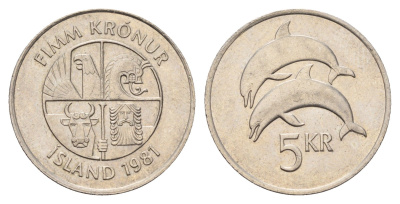 Исландия 5 крон 1981 дельфины KM 28 медно-никель 4591-542