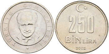 Турция 250000 лир 2002 Кемаль Ататюрк KM 1137 медь никель цинк аUNC 4561-123