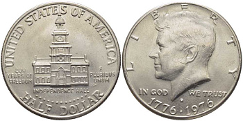 США 50 центов = 1/2 доллара 1976 D, 200 лет независимости, Джон Кеннеди KM 205 медь плакированная медно-никелем 109-1026