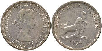Австралия 1 флорин = 2 шиллинга 1954 Королевский визит в Австралию, Елизавета II (1952-2022), английский лев и кенгуру KM 55 серебро 81-146
