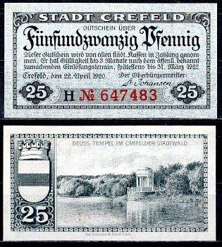 Крефельд (Пруссия, Рейн) 25 пфеннигов 1920 Mehl Grabowski C29.6a бумага UNC (пресс) 7555-56-3-1