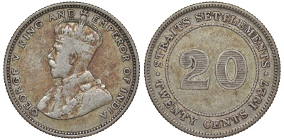 Стрейтс-Сетлментс 20 центов 1927 Георг V (1910-1936) КМ 30b серебро 53-757