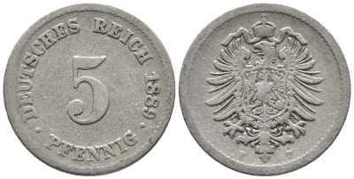 ГЕРМАНИЯ 5 ПФЕННИГОВ 1889 F, СТАРОГЕРБОВКА KM 3, J. 3 медно-никель 39-424