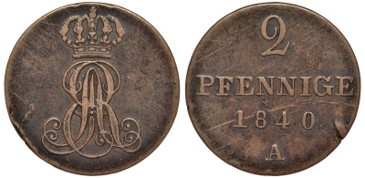 Ганновер 2 пфеннига 1840 A, Эрнст Август (1837-1851) KM 174.1, AKS 122, J. 55 медь 75-1715