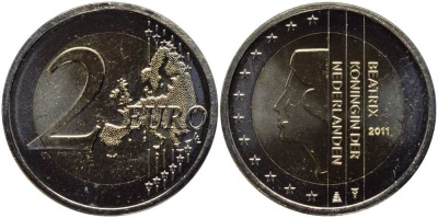 НИДЕРЛАНДЫ 2 ЕВРО 2011 КОРОЛЕВА БЕАТРИКС KM 272 биметалл BUNC 114-941