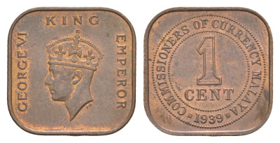 Малайя 1 цент 1939 KM 2 бронза aUNC 4654-617