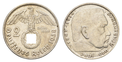 Германия 2 рейхсмарки 1938 B, Пауль фон Гинденбург (1847-1934) KM 93, J. 366 серебро 76-1235