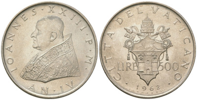 Ватикан 500 лир 1962 Иоанн XXIII (1958-1963), тираж 30.000 экземпляров KM 65 серебро UNC 1530-222