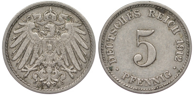 Германия 5 пфеннигов 1912 A, KM 11, J. 12 медно-никель 25-2154