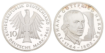 ФРГ 10 марок 1994 250 лет со дня рождения Иоганна Готфрида Гердера KM 184 серебро PROOF 1530-1114