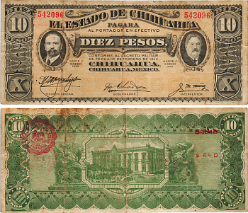 Мексика, Революция 10 песо 1915 штат Чиуауа, красная зубчатая печать Pick S534b бумага 8589-6-3