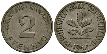 ФРГ 2 пфеннига 1962 F KM 106 бронза 4173-1141