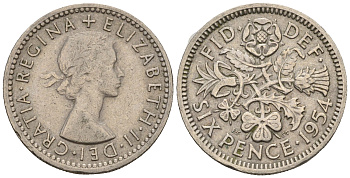 Великобритания 6 пенсов 1954 Елизавета II (1952-2022) KM 903, Spink 4149 медно-никель 4609-1124