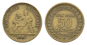 Франция 50 сантимов 1927 KM 884 алюминиевая бронза 83-454