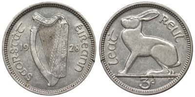 Ирландия 3 пенса 1928 заяц KM 4 никель 71-143