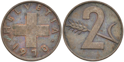 Швейцария 2 раппена 1970 KM 47 бронза 4592-722
