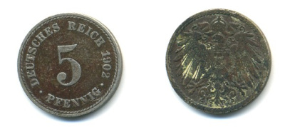 ГЕРМАНИЯ 5 ПФЕННИГОВ 1902 А, KM 11, J. 12 медно-никель 4379-524