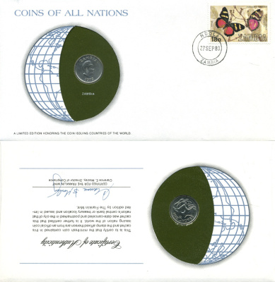 ЗАМБИЯ 5 НГВЕЕ 1972 КОНВЕРТ С МАРКОЙ ПЕРВОГО ДНЯ ГАШЕНИЯ, COINS OF NATIONS KM 11 медно-никель UNC 4294-74-2