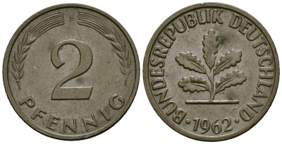 ФРГ 2 пфеннига 1962 F KM 106 бронза 4173-1141