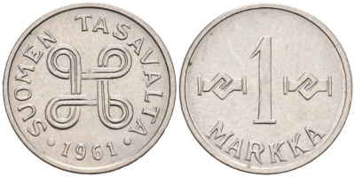 ФИНЛЯНДИЯ 1 МАРКА 1961 KM 38а железо плакированное никелем 192-1218