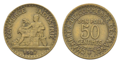 Франция 50 сантимов 1927 KM 884 алюминиевая бронза 83-454