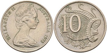 Австралия 10 центов 1978 Елизавета II (1952-), птица лирахвост KM 65 медно-никель 4566-457