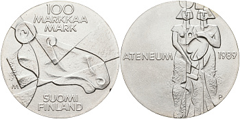 Финляндия 100 марок 1989 Центральный художественный музей Атенеум, лось KM 75 серебро UNC 1525-1341