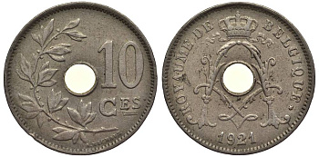 БЕЛЬГИЯ 10 САНТИМОВ 1921 BELGIQUE, АЛЬБЕРТ I (1909-1934) KM 85.1 медно-никель 27-916