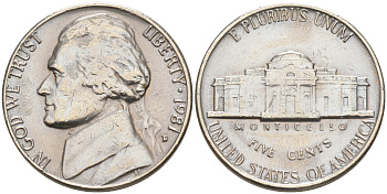 США 5 ЦЕНТОВ 1981 D, ДЖЕФФЕРСОН KM A192 медно-никель 190-133