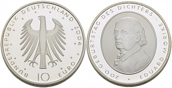 ФРГ 10 евро 2004 F, 200 лет со дня рождения Эдуарда Мёрике KM 233, DE.S. 10.16 серебро PROOF 1068-10-64