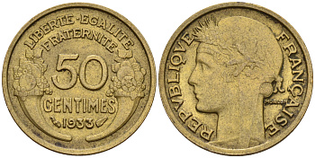 Франция 50 сантимов 1933 KM 894.1, Le Franc 192.15 алюминиевая бронза 4596-765