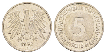 Германия 5 марок 1992 F KM 140.1 медно-никель 4641-845