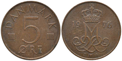 Дания 5 эре 1976 S; B, Маргрете II (1972- ) KM 859.1 железо плакированное медью 116-149