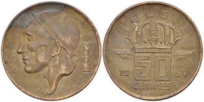 Бельгия 50 сантимов 1954 Belgie, Бодуэн I (1951-1993) KM 149.1 бронза 4528-964