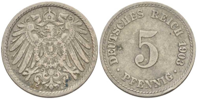 ГЕРМАНИЯ 5 ПФЕННИГОВ 1903 A KM 11, J. 12 медно-никель 100-1122