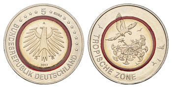 Германия 5 евро 2017 A, Тропическая зона KM 357 триметалл UNC 1523-911