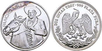 Мексика 2 унции ND Панчо Вилла (PANCHO VILLA), диаметр 48 мм., вес 2 тройские унции серебро PROOF 00-00