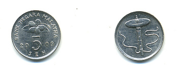 Малайзия 5 сенов 2009 KM 50 медно-никель 3999-536