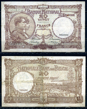 Бельгия 20 франков 1941 25.10.1941, Король Альберт I и его жена Королева Елизавета, Гран-Плас / Гроте Маркт, Брюссель Pick 111 (2) бумага 6301-33-1-1