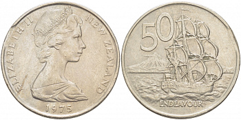 Новая Зеландия 50 центов 1975 Елизавета II (1952-2022), парусник Индевор KM 37.1 медно-никель 215-146