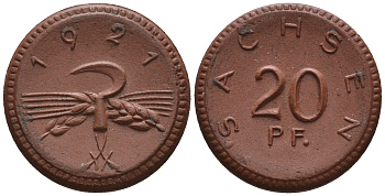Саксония 20 пфеннигов 1921 колосья и серп J. N 53 фарфор UNC 1094-8-64