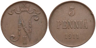 Россия для Финляндии 5 пенни 1911 Николай II (1894-1917) KM 15, Биткин 451 медь 85-317