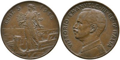 ИТАЛИЯ 5 ЧЕНТЕЗИМО 1915 ВИТОРИО ИММАНУИЛ III KM 42 бронза 87-1235