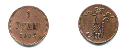 РОССИЯ ДЛЯ ФИНЛЯНДИИ 1 ПЕННИ 1915 НИКОЛАЙ II KM 13, Биткин 475 медь 4383-131