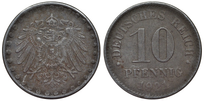 Германия 10 пфеннигов 1921 A KM 20, J. 298 железо 4119-243
