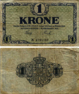 Дания 1 крона 1921 серия АЕ Pick 12f бумага 7183-34-3-1